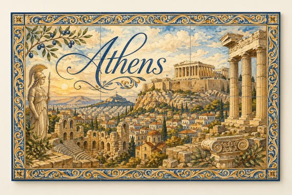 Mural de azulejos de cerámica de la Acrópolis de Atenas, arte mural de la ant… — vista 4
