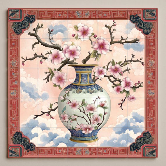 Mural de cerámica con jarrón de porcelana china — vista 3