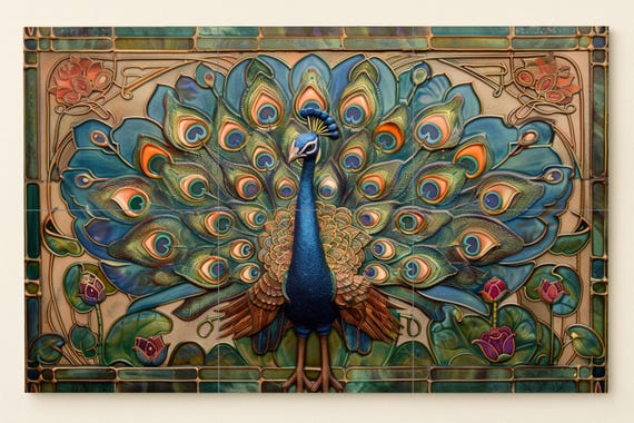 Mural de azulejos de pavo real Art Nouveau — vista 3