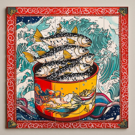 Mural de azulejos de cerámica con peces estilizados en maceta roja, olas romp… — vista 3
