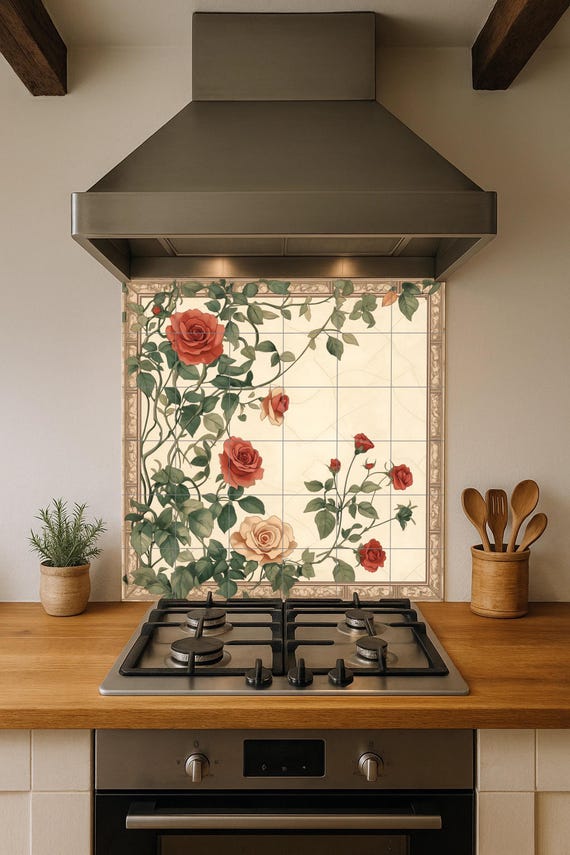 Mural de azulejos de cerámica con rosas románticas, diseño botánico floral vi… — vista 2