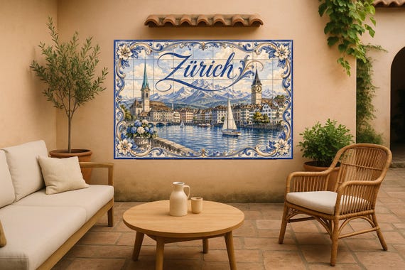 Mural de azulejos de cerámica de Zúrich, Suiza, arte mural de la ciudad lacus… — vista 2