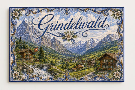 Mural de azulejos de cerámica de los Alpes suizos de Grindelwald, decoración … — vista 4