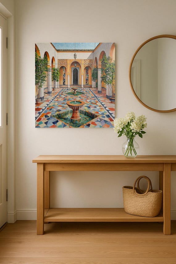 Mural cerámico de un riad marroquí con fuente en el patio — vista 2