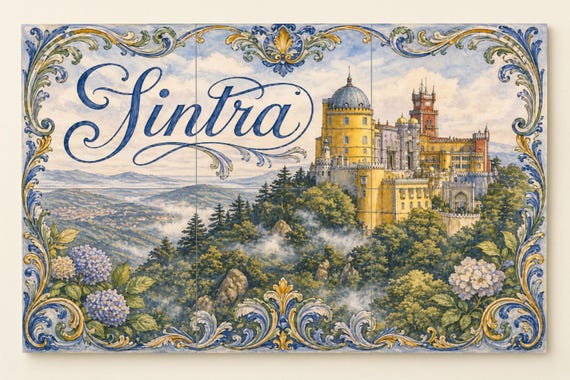Mural de azulejos de cerámica de Sintra, Portugal, Palacio da Pena y decoraci…