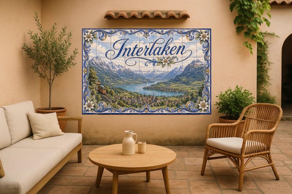 Mural de azulejos de cerámica de Interlaken, Suiza, arte mural del lago de lo… — Mural cerámico de Cerámicas La Noria