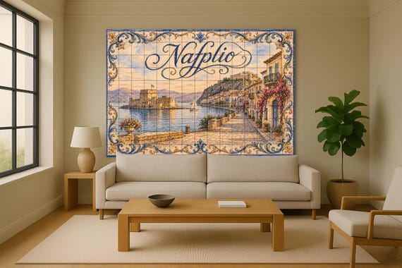 Mural de azulejos de cerámica de Nafplio, Grecia, arte mural costero del puer… — vista 2