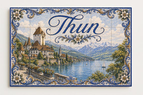 Mural de azulejos de cerámica de Thun, Suiza, decoración de pared para pueblo… — vista 4