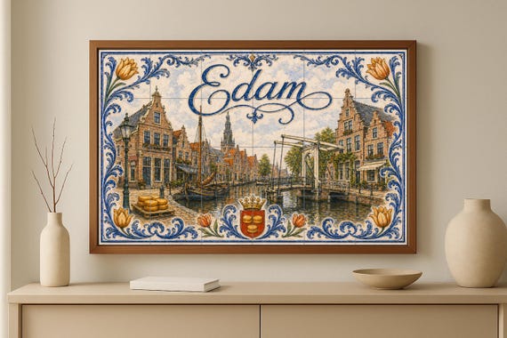 Mural de azulejos de cerámica del puente del canal de Edam, Países Bajos, cas… — vista 3