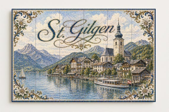 Mural de azulejos de cerámica de St. Gilgen, Austria, decoración de pared con… — vista 4