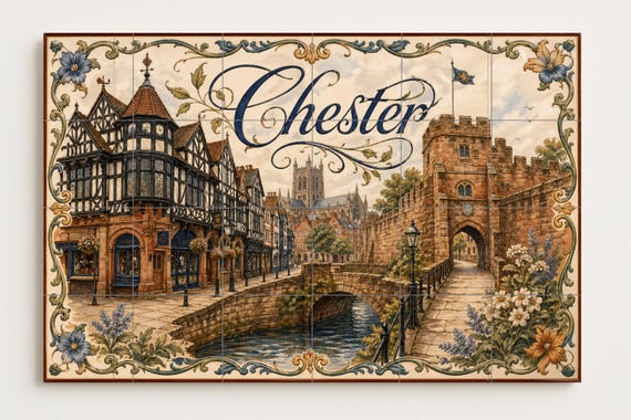 Mural de azulejos de cerámica de Chester, arte mural de la Inglaterra medieva… — vista 4