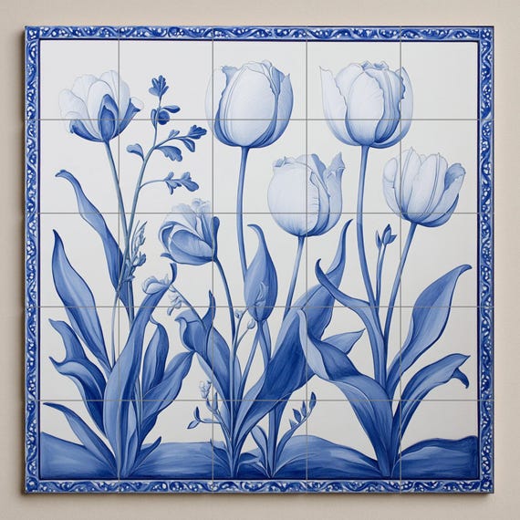 Mural de azulejos de cerámica con tulipanes azules de Delft — vista 3
