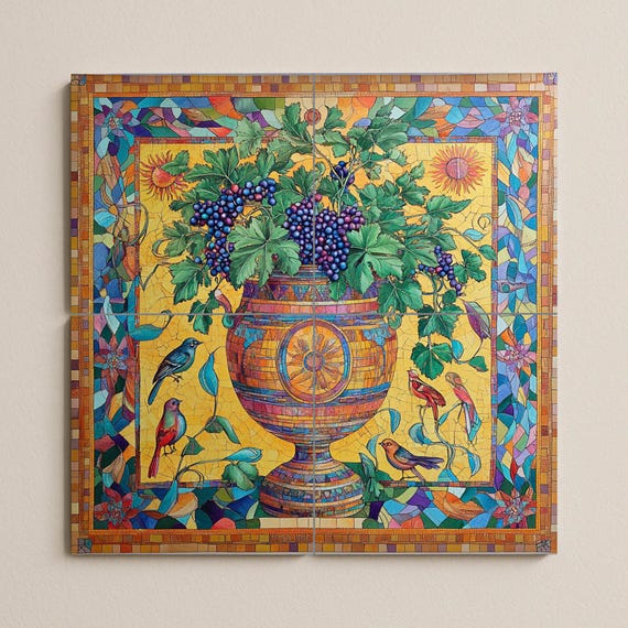 Mural de mosaicos cerámicos romanos con urna de vid e imágenes de viñedos báq… — vista 3