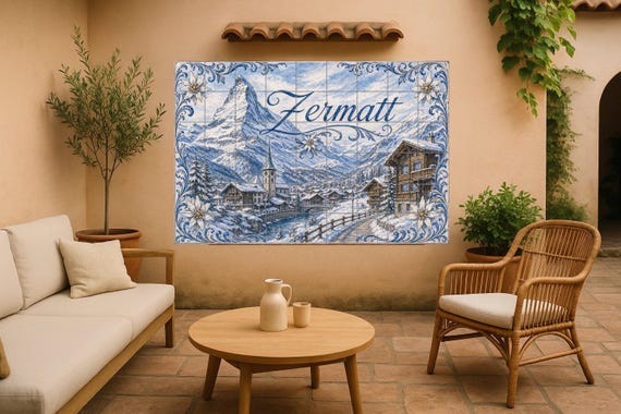 Mural de azulejos de cerámica de Zermatt, Suiza, arte mural alpino del Matter… — Mural cerámico de Cerámicas La Noria