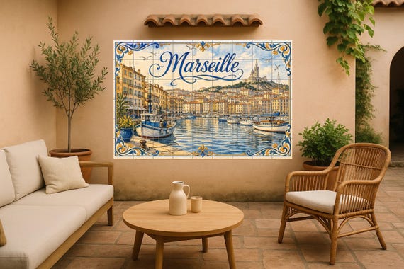 Mural de azulejos de cerámica del Puerto Viejo de Marsella, decoración de par… — Mural cerámico de Cerámicas La Noria