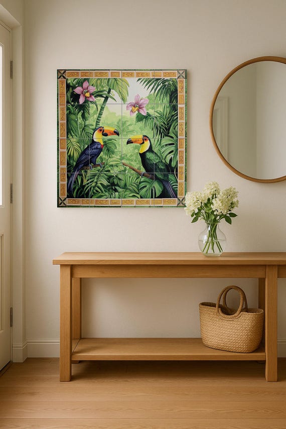 Mural de pared de cerámica con diseño de jungla tropical de tucán con orquíde… — vista 2