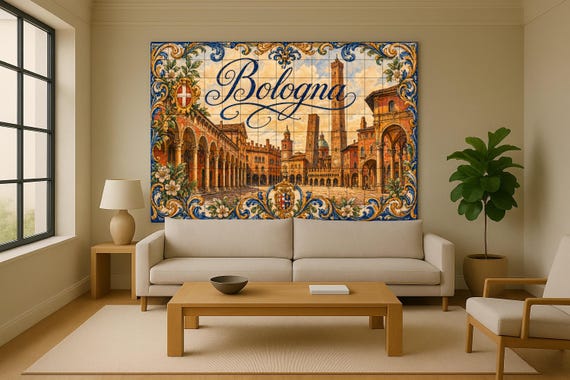 Mural de azulejos de cerámica con torres medievales de Bolonia, decoración de… — vista 2
