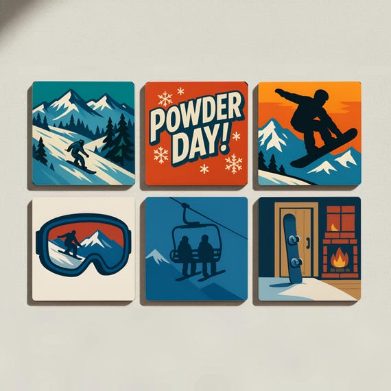 Azulejos de snowboard con ilustraciones de montañas para decorar la me — vista 3
