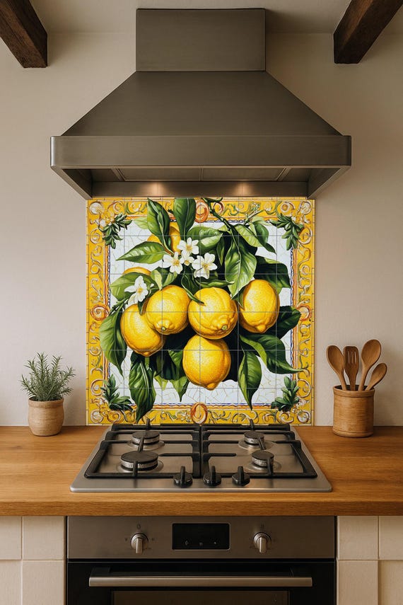 Mural de azulejos de cerámica con limones, flores de cítricos, hojas verdes y… — vista 4