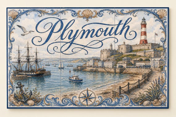 Mural de azulejos de cerámica de Plymouth, arte mural náutico, decoración cos… — Mural cerámico de Cerámicas La Noria