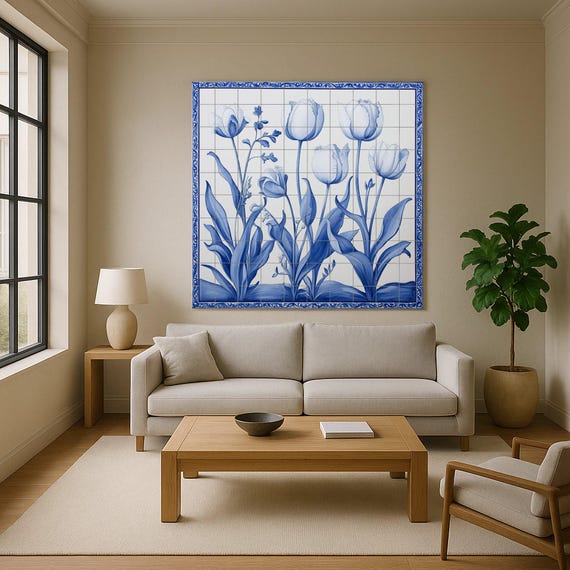 Mural de azulejos de cerámica con tulipanes azules de Delft