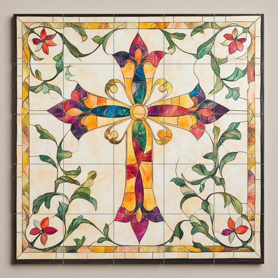 Mural de pared de cerámica con forma de cruz de colores con adornos florales,… — vista 3
