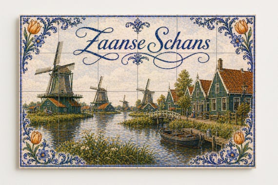 Mural de azulejos de cerámica de molinos de viento de Zaanse Schans, arte mur… — vista 4