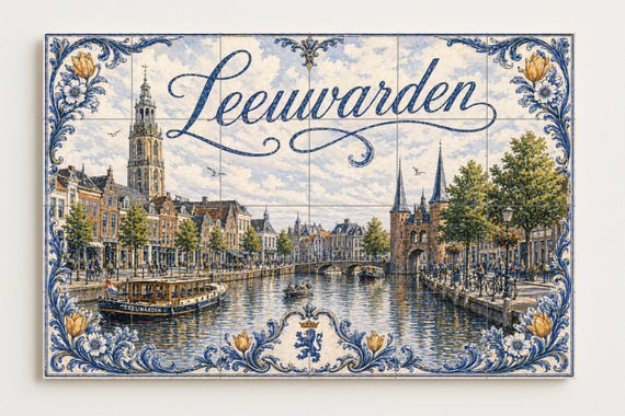 Mural de azulejos de cerámica de los canales históricos de Leeuwarden, Países… — vista 4