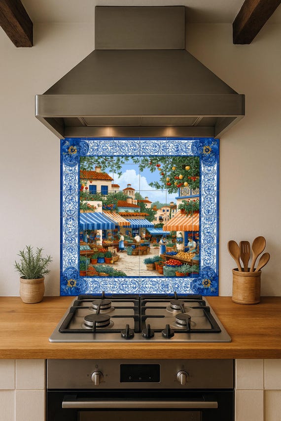 Mural de azulejos de un mercado mediterráneo — vista 3