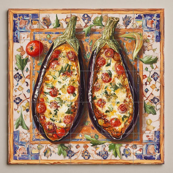 Mural de azulejos de cerámica mediterránea con berenjenas al horno, arte popu… — vista 3