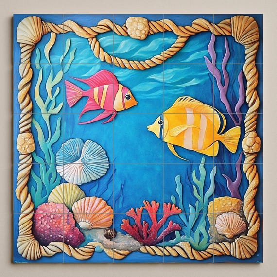 Mural de azulejos submarinos con peces de colores, conchas y marco de coral. … — vista 3