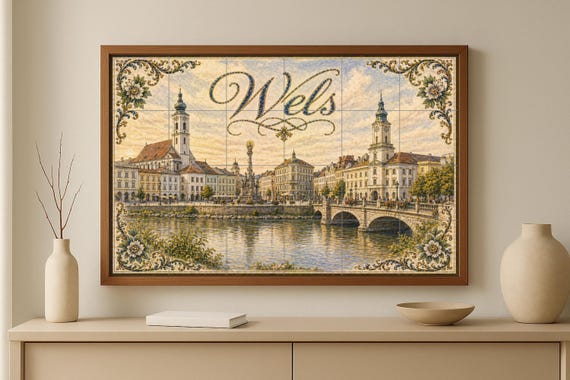 Mural de azulejos de cerámica de Wels, Austria, arquitectura histórica ribere… — vista 2