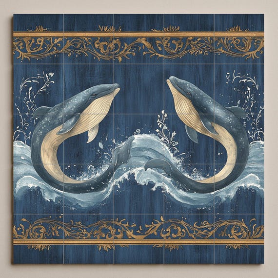 Mural de pared de cerámica de ballena azul con olas del océano y borde orname… — vista 3