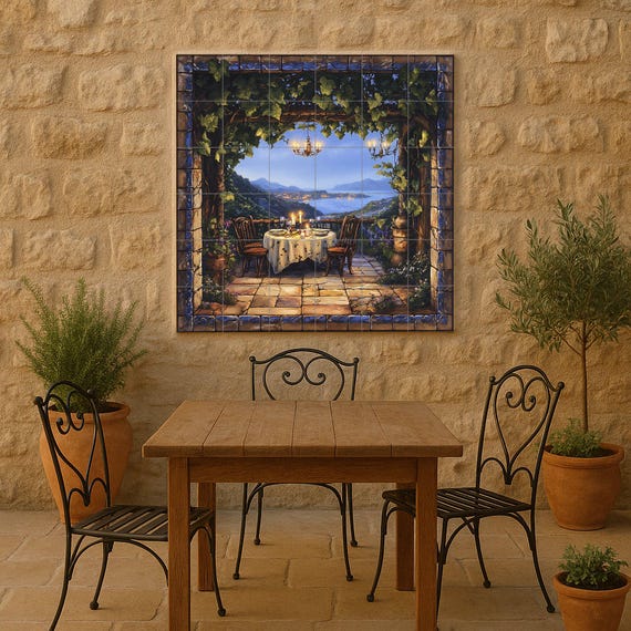 Mural de azulejos de cerámica con terraza romántica — vista 2