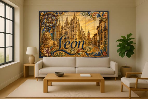 Mural de azulejos de cerámica de la Catedral de León, decoración de pared gót… — vista 2