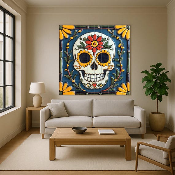 Mural de azulejos con calaveras de azúcar del Día de Muertos