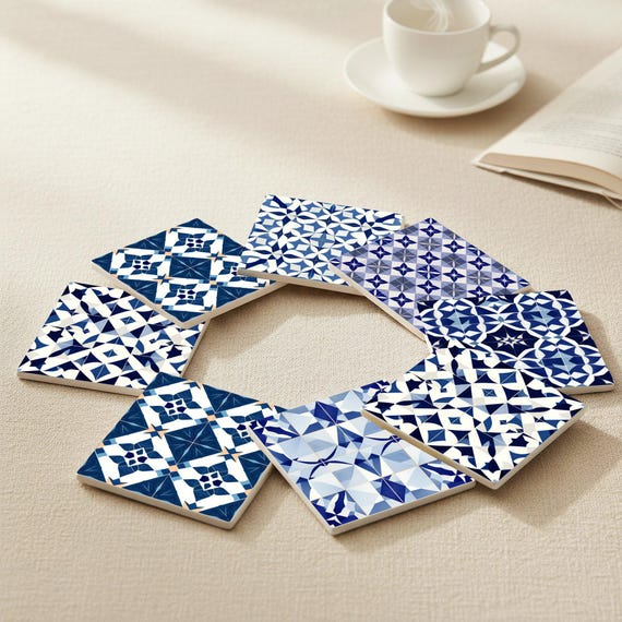 Geométricos de cerámica azul - Azulejo mediterráneo marroquí, juego de