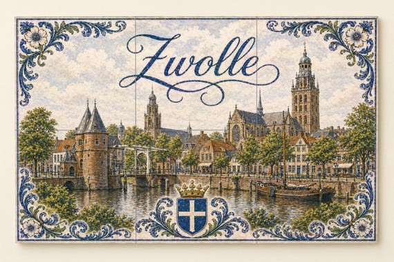 Mural de azulejos de cerámica de Zwolle, canales históricos, torres medievale…