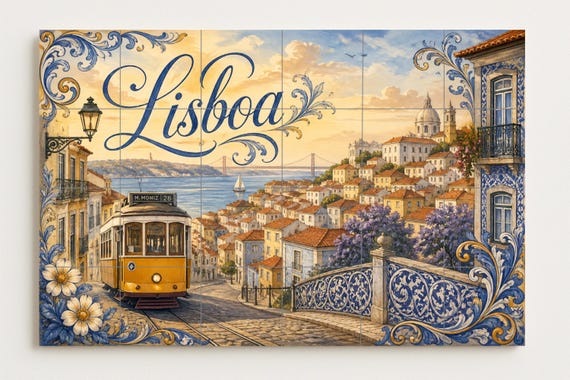 Mural de azulejos cerámicos de Lisboa Portugal, tranvía amarillo y decoración… — vista 4