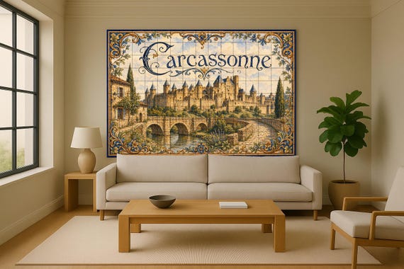 Mural de azulejos de cerámica de Carcasona, arte mural de un castillo medieva… — vista 2