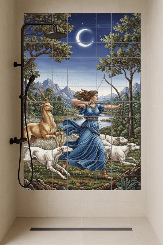 Mural cerámico de Artemisa la Cazadora, diosa griega de la Luna, con ciervos … — vista 2