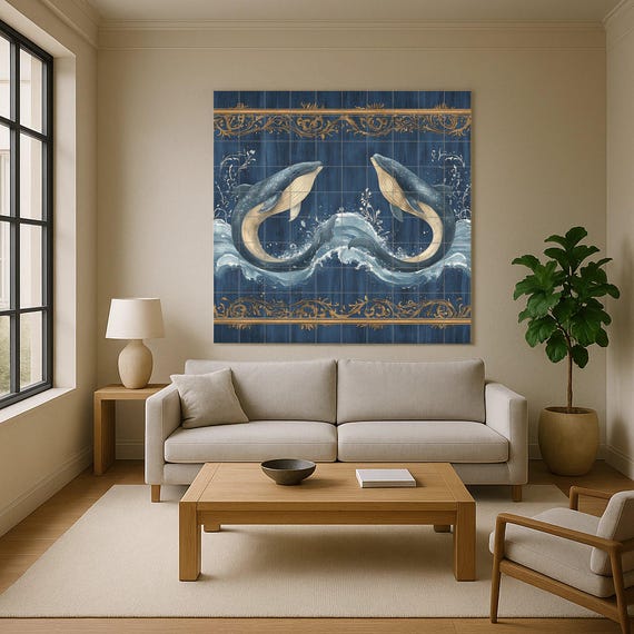 Mural de pared de cerámica de ballena azul con olas del océano y borde orname…