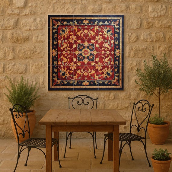 Mural de cerámica ornamental con diseño floral dorado y tapiz rojo — vista 4