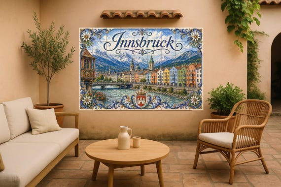 Mural de azulejos de cerámica en los Alpes de Innsbruck, Austria, coloridas c…