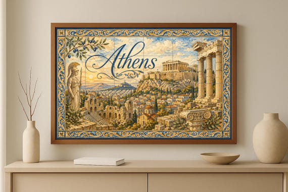 Mural de azulejos de cerámica de la Acrópolis de Atenas, arte mural de la ant… — vista 3