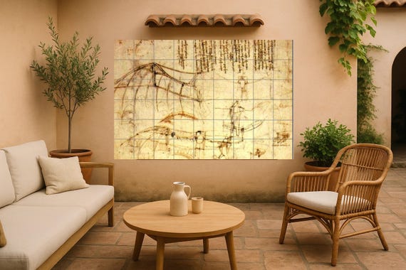 Mural de azulejos con boceto de la máquina voladora de Leonardo da Vinci — vista 4
