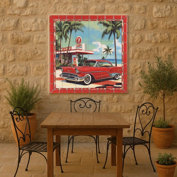 Mural cerámico de coche retro