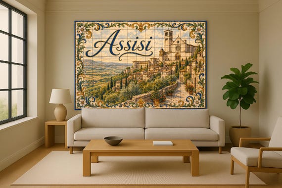 Mural de azulejos de cerámica de Asís, Italia, arte mural campestre italiano,… — vista 2