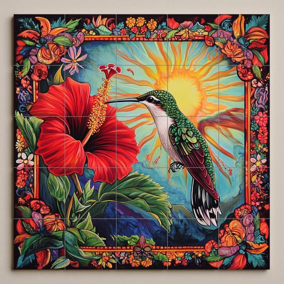 Mural de pared de cerámica de colibrí caribeño con flor de hibisco, sol radia… — vista 3