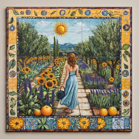 Mural de azulejos cerámicos toscanos de Val d'Orcia con terrazas de lavanda, … — vista 3